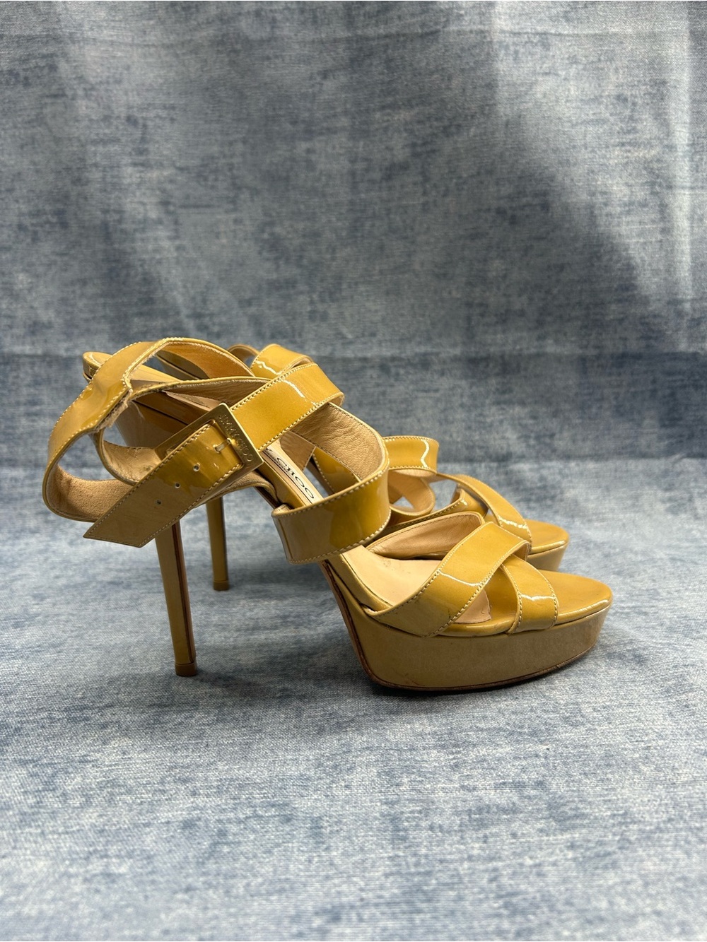 Jimmy Choo Stiletto heel sandals patent leather mustard luxury designer 38.5 EU